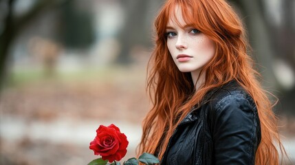 Naklejka premium Portrait of a young woman with long red hair holding a red rose in an outdoor park setting with blurred background and autumn leaves. Copy Space