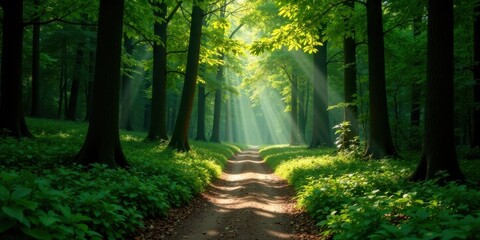 Fototapeta premium Sunbeams Illuminate a Serene Forest Path, Lush Greenery and Tranquil Atmosphere, Nature's Peaceful Sanctuary