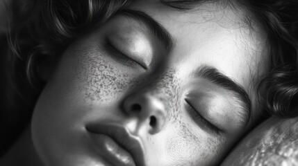Fototapeta premium Black and white portrait of a woman sleeping with freckles and closed eyes on a soft surface Copy Space