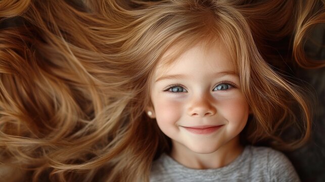 Smiling young girl with long blonde hair lying on a textured surface with hair spread around her, cheerful expression and bright blue eyes