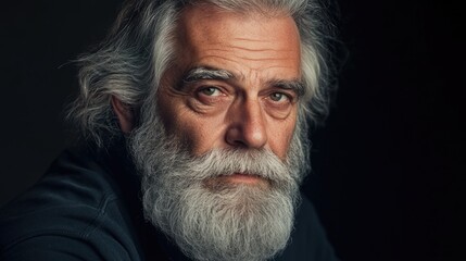 Portrait of an elderly man with a full grey beard and intense gaze, dark background, Copy Space