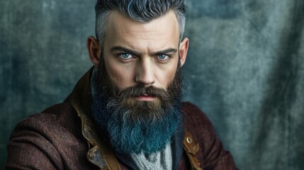 Portrait of a confident man with a full beard and styled hair wearing a brown jacket against a textured backdrop with Copy Space