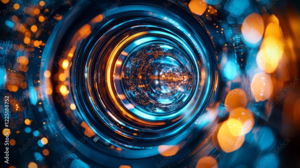 Poster A closeup shows a vivid interplay of light and color through a microscope lens, highlighting a fascinating world of discovery with glowing blue and orange orbs