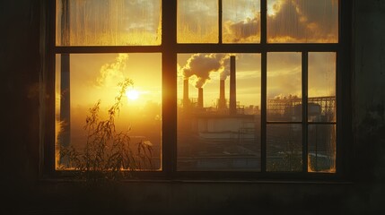 Window view of the factory emits toxic smoke that shines in the sun.