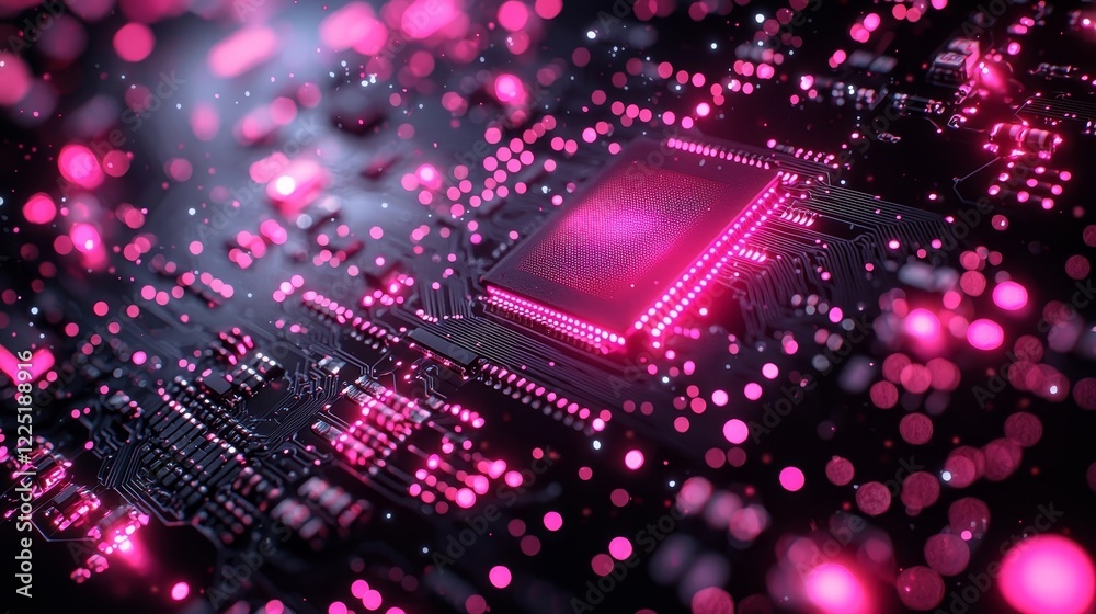 Poster pulsating neon circuit board pattern with intricate details and glowing shapes