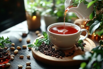 A cup of tea is being poured surrounded by tea leaves and nuts A relaxing and tranquil scene