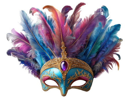 Vibrant feathered mask with intricate design and jewel, perfect for celebrations and masquerades. colorful feathers create festive atmosphere