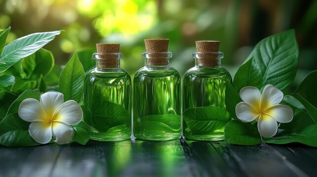 Three Green Essential Oil Bottles with Plumeria Flowers and Lush Leaves