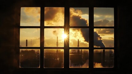 Fototapeta premium Window view of the factory emits toxic smoke that shines in the sun.