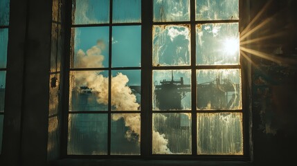 Window view of the factory emits toxic smoke that shines in the sun.