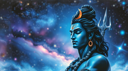 Portrait of Lord Shiva with radiant blue skin, a crescent moon on his head, adorned with gold earrings and necklace