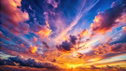 Naklejka premium Beautiful pastel sunset sky banner. Soft blue, purple, orange, and pink clouds.