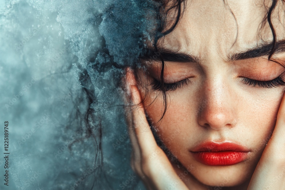 Poster a close-up of a person face with furrowed brows and lips pressed tightly together, their expression 