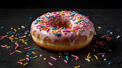 Glazed Donut Delight: Pink Icing, Rainbow Sprinkles, Dark Background