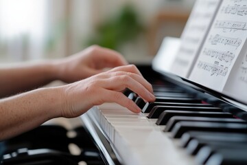 Obraz premium Close-up of hands playing the piano, highlighting the dexterity and skill involved, while music notes rest nearby, creating an inspiring atmosphere of creativity.