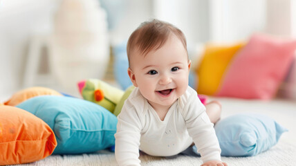joyful baby is crawling towards pile of colorful cushions, smiling brightly
