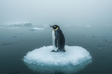 Fototapeta premium Lone Penguin on Melting Ice Patch Facing Uncertain Future in Cloudy Arctic Landscape