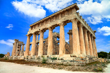 Fototapeta premium Greece travel and landmarks . antique temple of Orfeas in Aegina island, the prototipe of Acropolis. Saronics gulf.