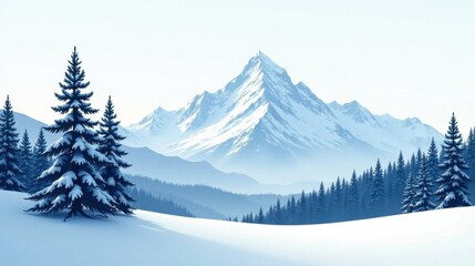 Fototapeta premium Serene Winter Landscape Snow-Covered Evergreens and Majestic Mountain Peaks Under a Clear Sky