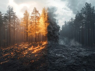 Obraz premium Contrasting Landscapes Vibrant Forest and Smoky Industrial Wasteland Symbolizing Global Warming s Impact