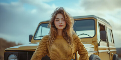 Adventurous young woman posing confidently beside classic suv outdoor setting portrait photography natural lighting empowerment theme