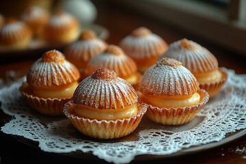 Cream-filled pastries dusted with powdered sugar arranged on a lace doily