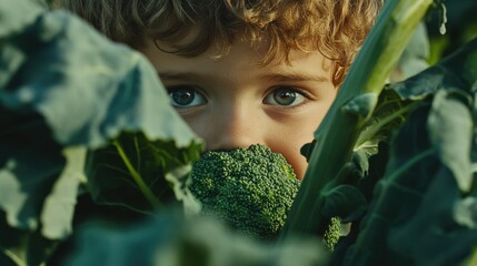 Cheerful boy playfully conceals his face with fresh broccoli highlighting the joy of healthy eating amidst vibrant leafy greens
