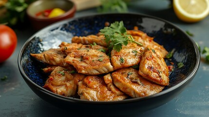 Fototapeta premium Deep fried piece of sliced mackerel on blue dish fried preserved sun dried fish