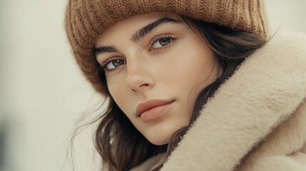 Young woman wearing cozy winter attire with knit hat and warm coat, displaying natural beauty in a seasonal outdoor setting.