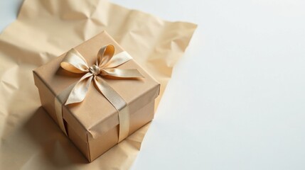A delicately tied golden ribbon adorns a kraft paper gift box, resting on a crumpled sheet of matching paper, suggesting a moment of thoughtful preparation and anticipation.