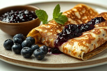 Delicate pancakes topped with blueberry jam and fresh blueberries a delightful breakfast treat