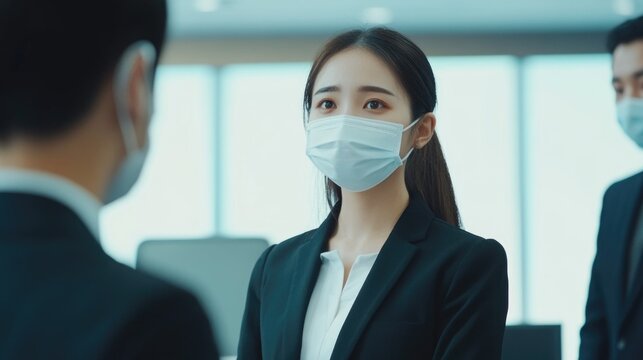 Asian business team wearing facial masks discusses teamwork with young female leader emphasizing collaboration in modern office setting