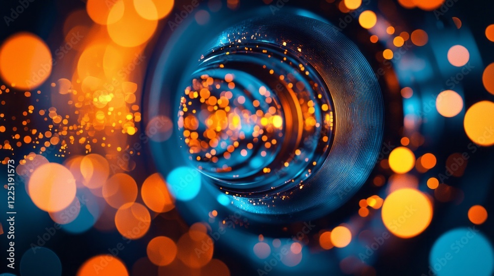 Poster An intricate closeup reveals the microscope lens, its surface shimmering with blue accents and glowing orange bokeh lights. This captivating display showcases the wonders of science in action