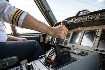 Pilot hand grip aircraft throttle in cockpit. Aviation control and flight