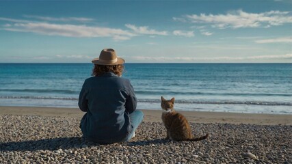 Solitude by the Sea: A Person and Cat Contemplate the Ocean's Serenity