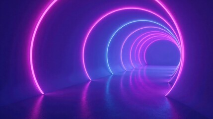 Fototapeta premium Abstract Neon Tunnel Vivid Pink and Blue Glowing Circles Reflecting on a Polished Surface
