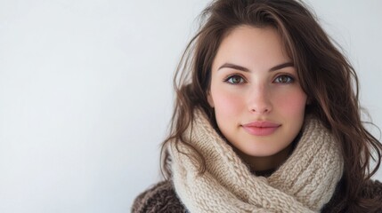 Brunette woman in cozy winter attire with a scarf posing against a light background capturing warmth and charm.