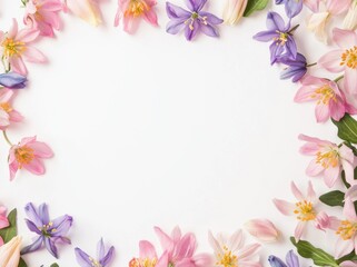 colorful flower border with Bluebell on a white background, with space for text or design