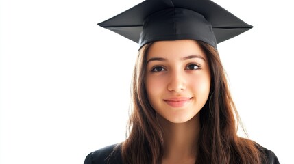 Portrait of a confident female student in graduation cap smiling against white background, symbolizing achievement and academic success.