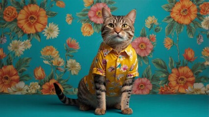 Tabby Cat in Floral Shirt: A Vibrant, Retro Portrait