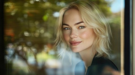Fototapeta premium Stylish blonde woman smiling by a large glass window showcasing natural light and a serene outdoor background.