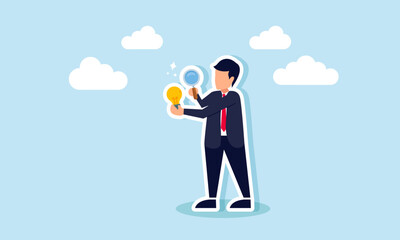 A businessman examining a lightbulb with a magnifying glass, illustration of research in discovering business ideas and innovations