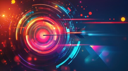 A dynamic composition of marketing goal success with an arrow hitting the bullseye, vibrant colors, glowing futuristic elements, and a professional advertising theme
