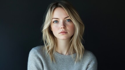 Naklejka premium Young woman with blonde hair and blue eyes displaying disbelief and tiredness in a cozy gray sweater against a dark background.