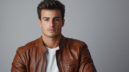 Obraz premium Young man in brown leather jacket poses confidently in studio setting with neutral background showcasing fashion and style.