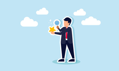 A businessman observing a star with a magnifying glass, illustration of research in improving business quality
