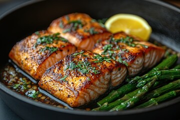 Pan-seared salmon fillets with roasted asparagus garnished with fresh herbs A delicious and healthy meal