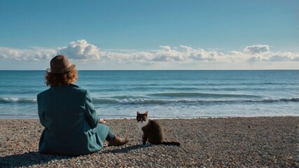 Serene Coastal Contemplation: Woman and Cat by the Ocean