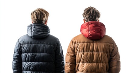 Back view of two men wearing winter jackets contrasting colors isolated on white background stylish outerwear fashion comparison