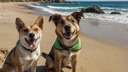 Joyful Beach Dogs: A Sunny Coastal Canine Portrait